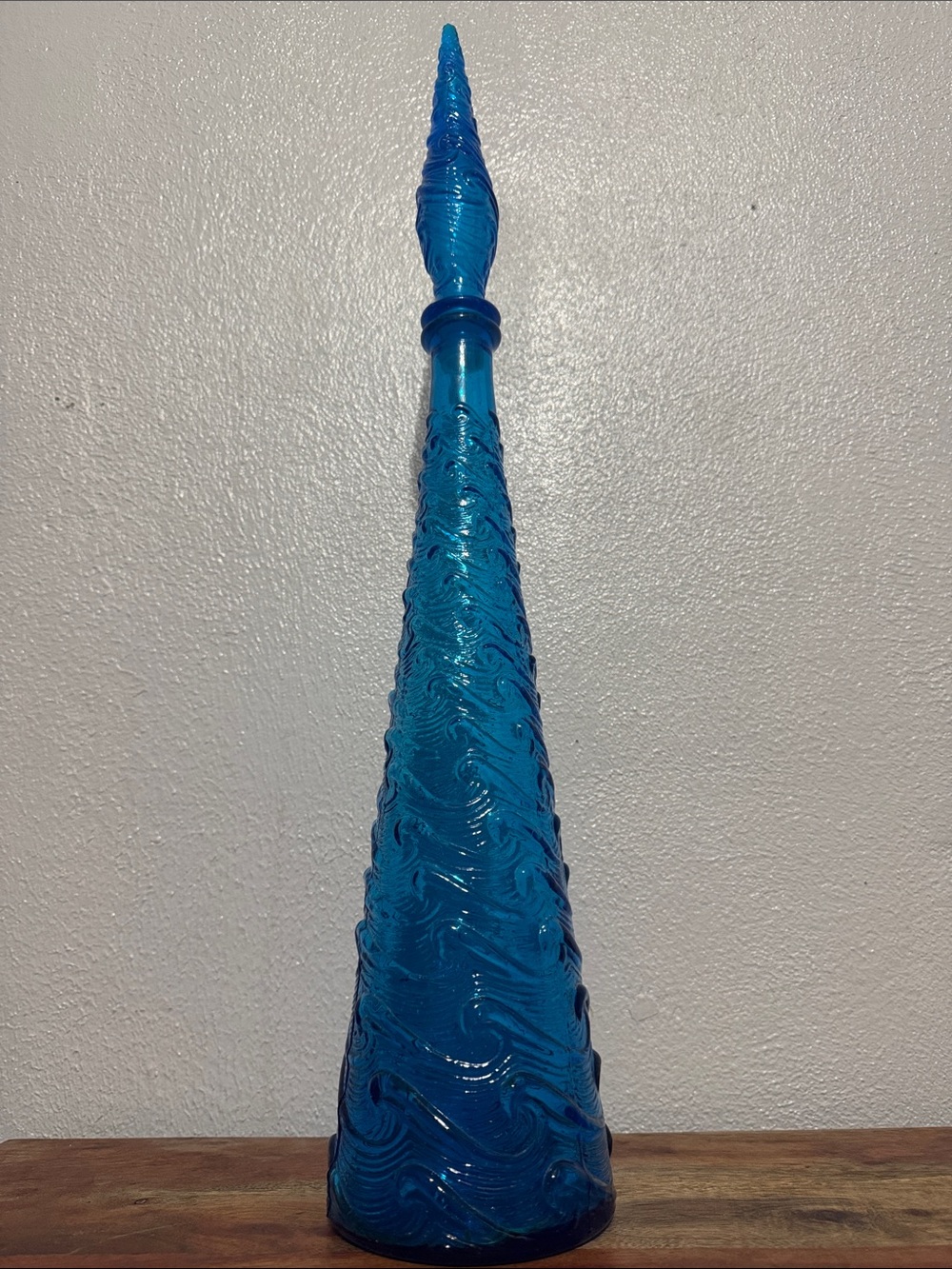 Vintage Italian Empoli Blue Wave MCM Art Glass Genie Bottle Decanter w Stopper